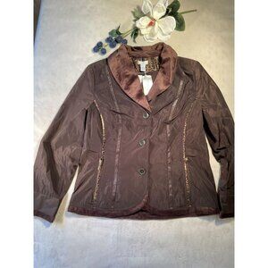 Chico NWT Brown Faux Fur-Lined Womens Jacket Trendy Leopard Accents Sz 1 Y2K